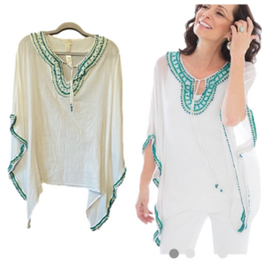 Chico's White Poncho with Green Accents